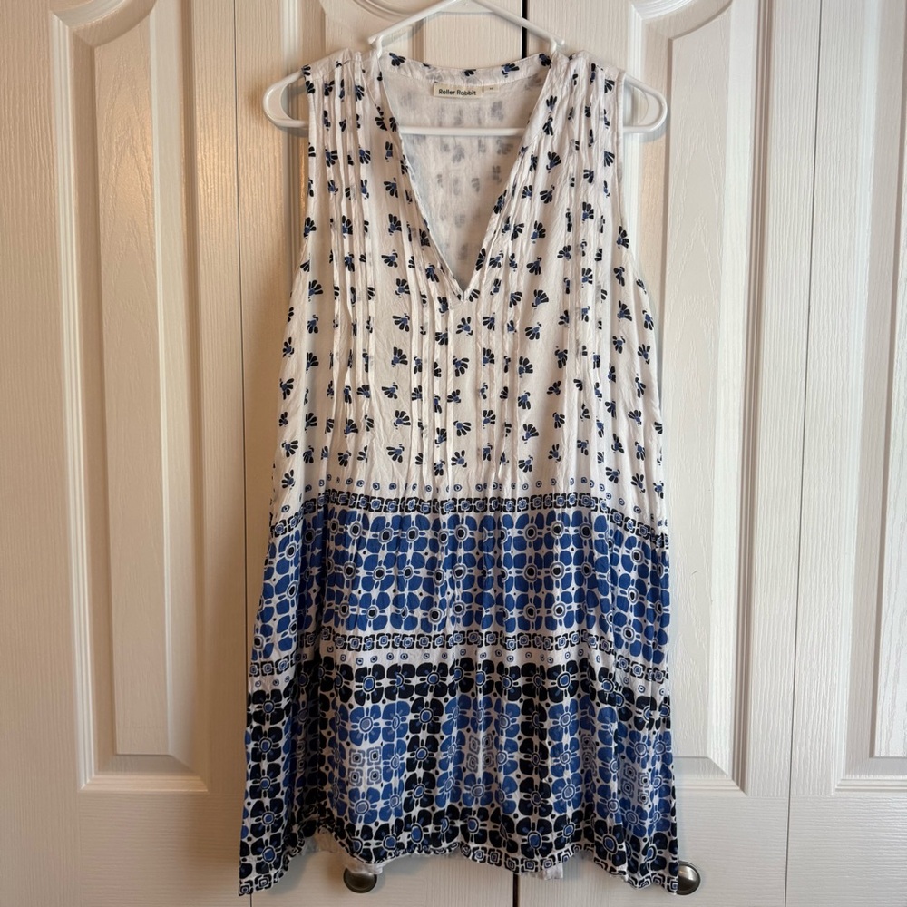 Roller Rabbit Blue White Geo Floral Print Sleeveless Dress Size XS